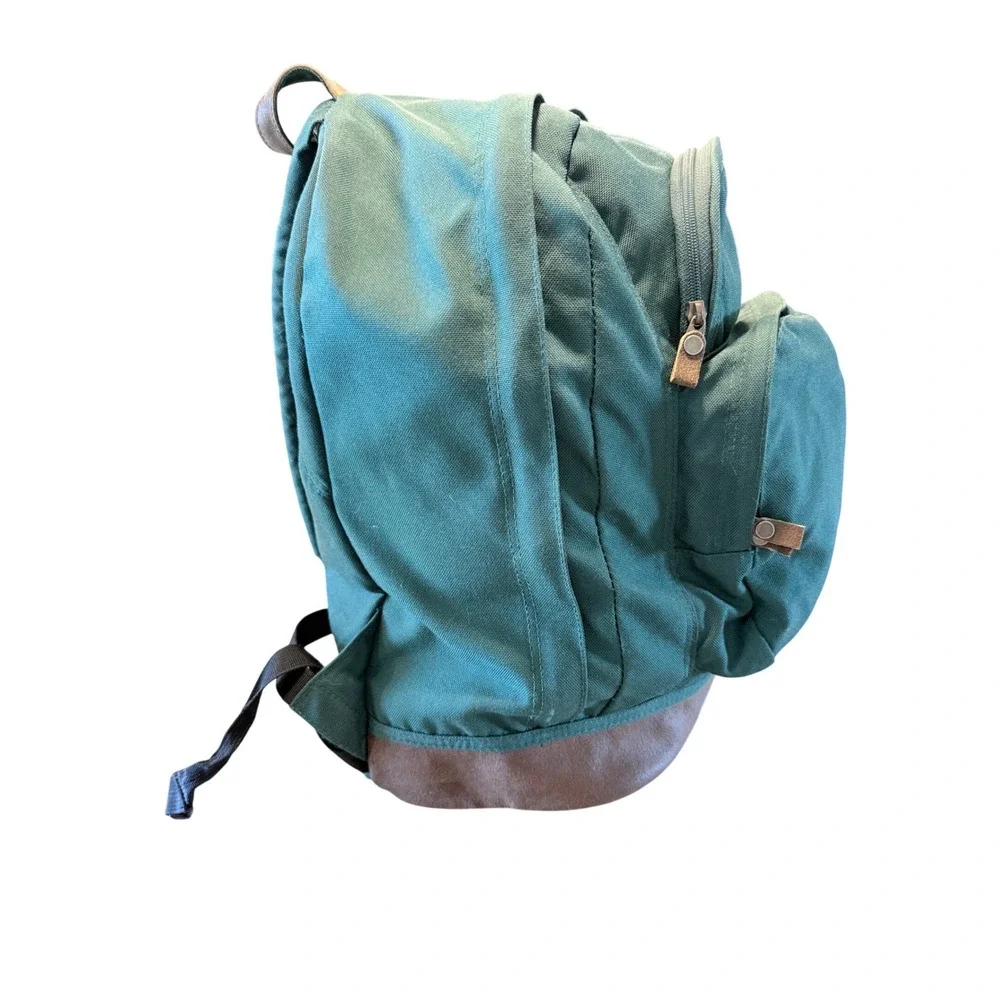 Vintage Eddie Bauer Green Nylon‎ Canvas Backpack Leather Bottom Daypack Bag